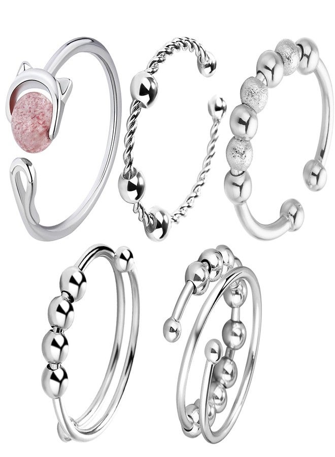 PQJSJDR 5 pac Adjustable Fidget Rings With Beads,Silver Stainless Steel Ring Anti Anxiety Ring Spinning,Anti-worry Bead Rings Spinner Ring,Fidget Ring for Women - Image 1